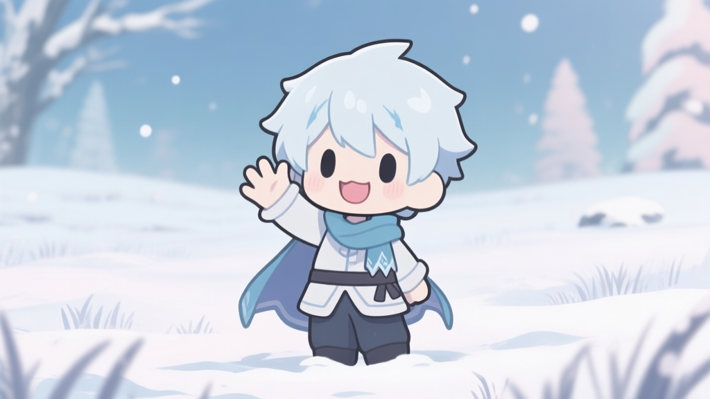 Chibi-style Jack Frost character from Megami Tensei series, waving cheerfully in a snowy field, soft pastel colors, simple and cute design high quality illustration, detailed, 16:9