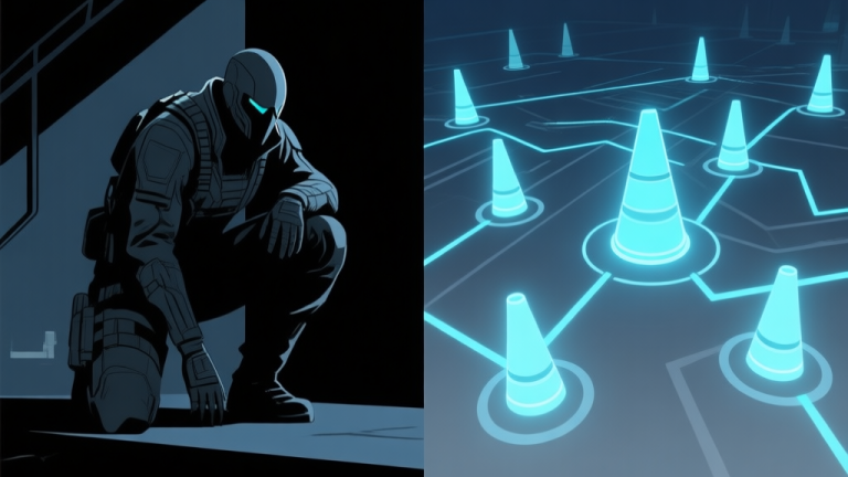 自动生成图片: Split-screen illustration showing a stealth game character crouching in shadows on one side, and a glowing, abstract network of detection cones and patrol paths on the other, in a muted dark blue and grey color scheme high quality illustration, detailed, 16:9