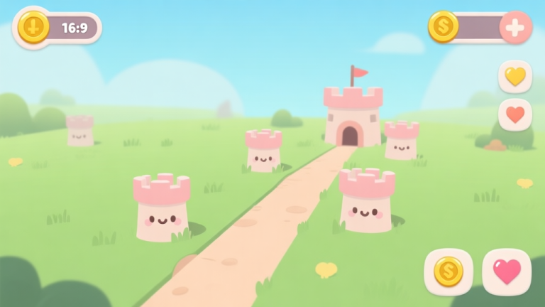 自动生成图片: A welcoming, minimalist game interface for a tower defense game, showing a simple grassy path with a few cute cartoon towers placed strategically. Soft pastel colors, clear icons for gold and lives, friendly and non-intimidating for beginners high quality illustration, detailed, 16:9
