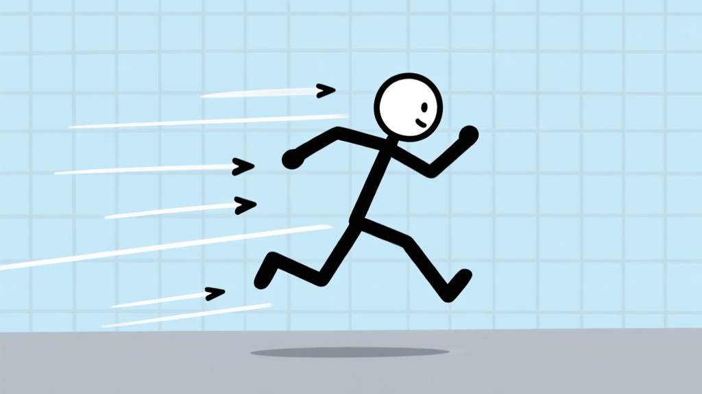 A minimalist 2D side-view illustration of a stickman character mid-jump, with subtle motion lines and arrows indicating velocity and trajectory, against a simple grid background in soft blue and grey tones high quality illustration, detailed, 16:9