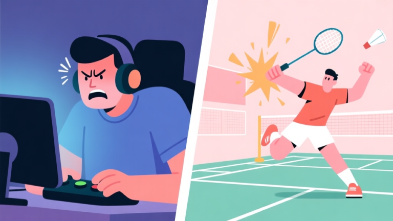 自动生成图片: A split-screen illustration showing a frustrated gamer on one side and a confident player executing a powerful smash in a stylized badminton game on the other, soft pastel colors, clean lines high quality illustration, detailed, 16:9