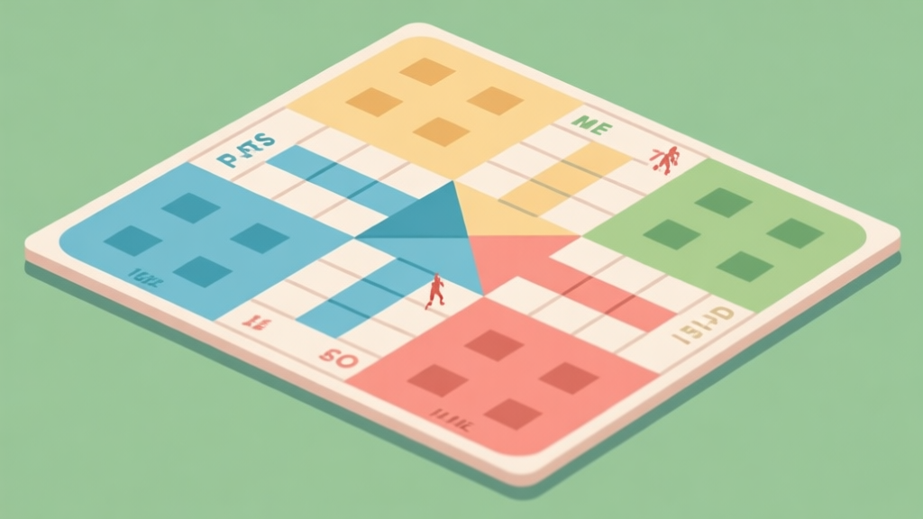 Top-down view of a Ludo game board with strategic zones highlighted in soft colors, showing safe squares, attack paths, and home stretch areas, minimalist flat design high quality illustration, detailed, 16:9