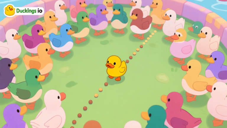 自动生成图片: A top-down view of a vibrant Ducklings.io game arena, showing a small yellow duckling surrounded by much larger, multi-colored ducks, with a clear path of smaller dots (food) leading away from the crowd, in a playful cartoon style with soft pastel colors high quality illustration, detailed, 16:9