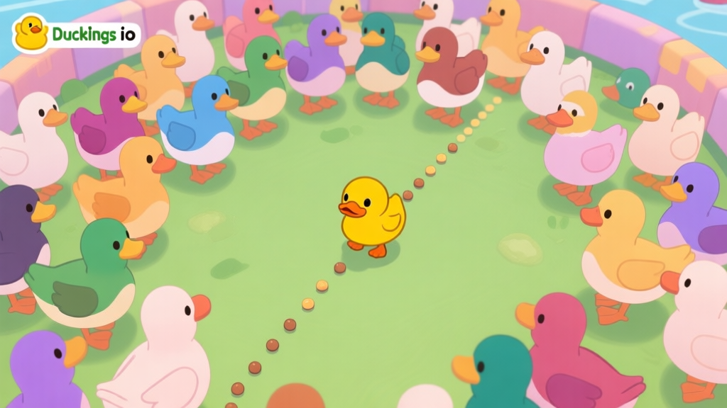 A top-down view of a vibrant Ducklings.io game arena, showing a small yellow duckling surrounded by much larger, multi-colored ducks, with a clear path of smaller dots (food) leading away from the crowd, in a playful cartoon style with soft pastel colors high quality illustration, detailed, 16:9