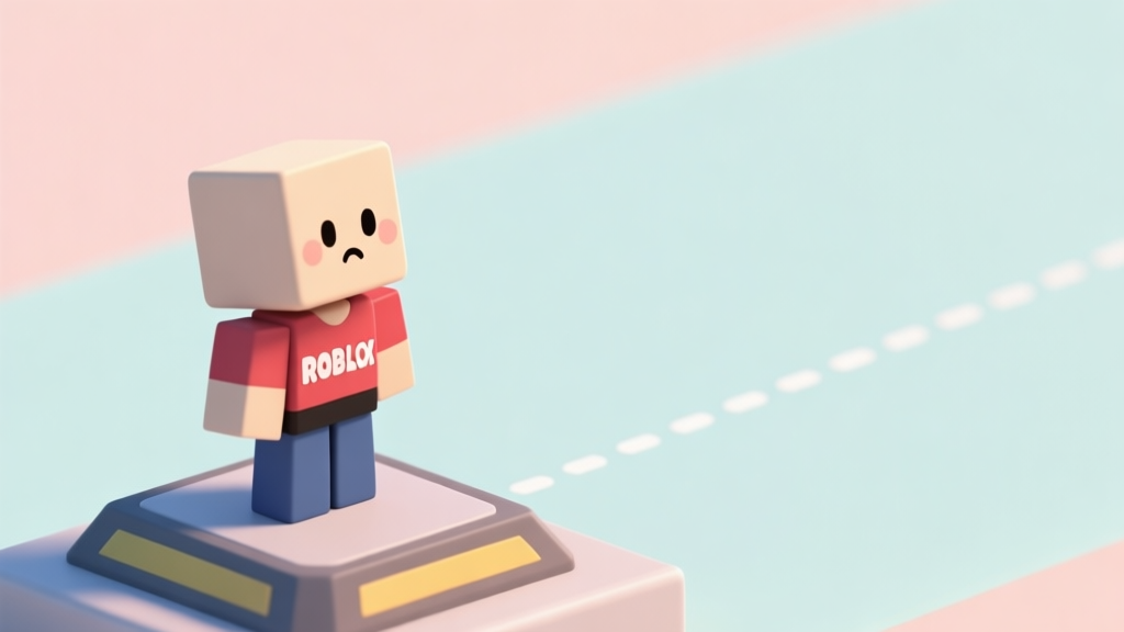 A simple, clean illustration of a cute blocky Roblox character standing on a starting platform, looking confused at a blank space with a dotted line indicating a path, soft pastel background high quality illustration, detailed, 16:9