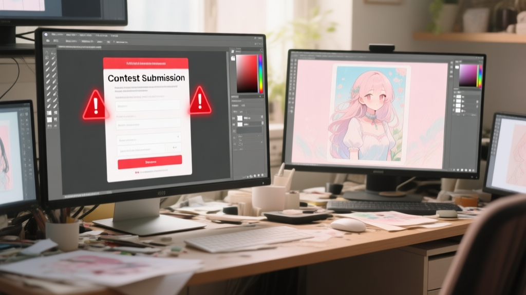A messy digital artist's desk with multiple screens, one showing a contest submission form with red error alerts, the other with a beautiful illustration, soft natural lighting, pastel color palette high quality illustration, detailed, 16:9