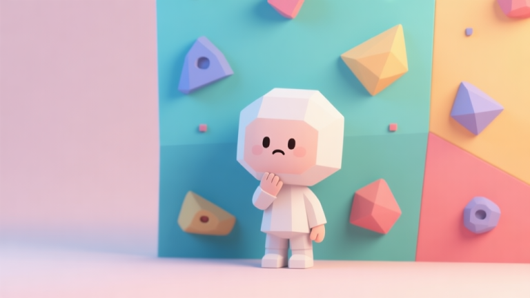 自动生成图片: A cute, minimalist 3D character hesitating in front of a colorful climbing wall with simple geometric shapes, soft pastel background, low-poly style high quality illustration, detailed, 16:9